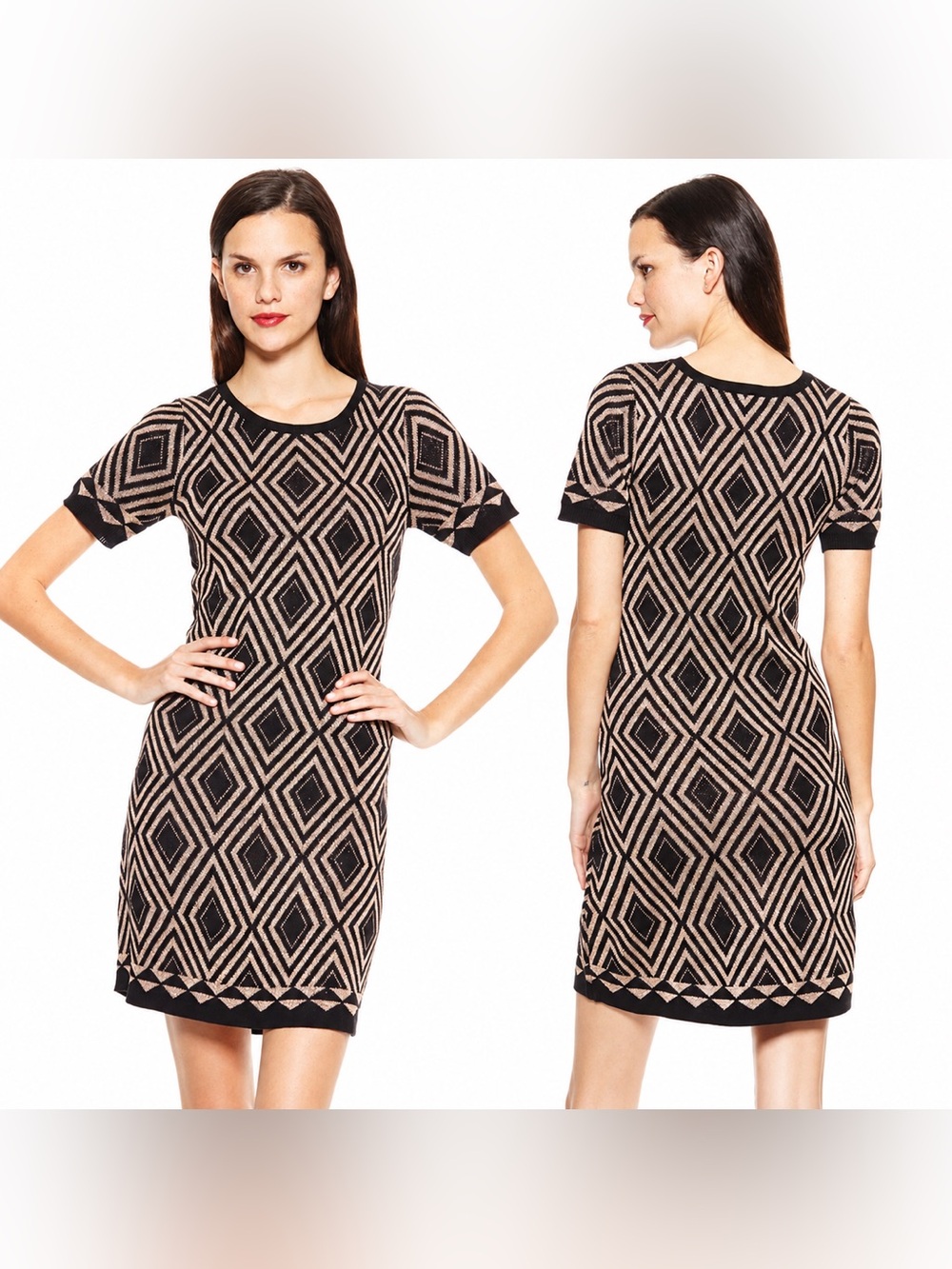 Julian Taylor Metallic Geometric Knit Sweater Dress Black Gold Fall Size Small